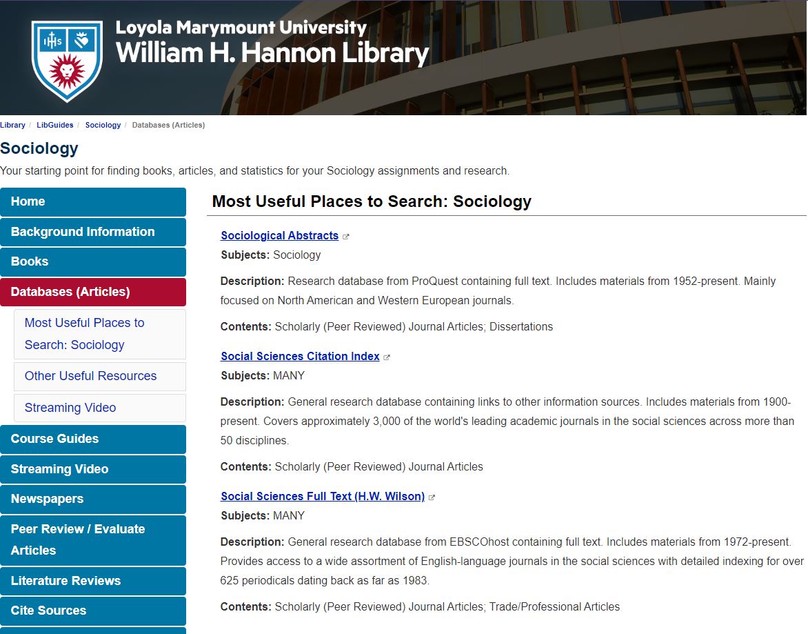 A screenshot of the sociology LibGuide databases tab.