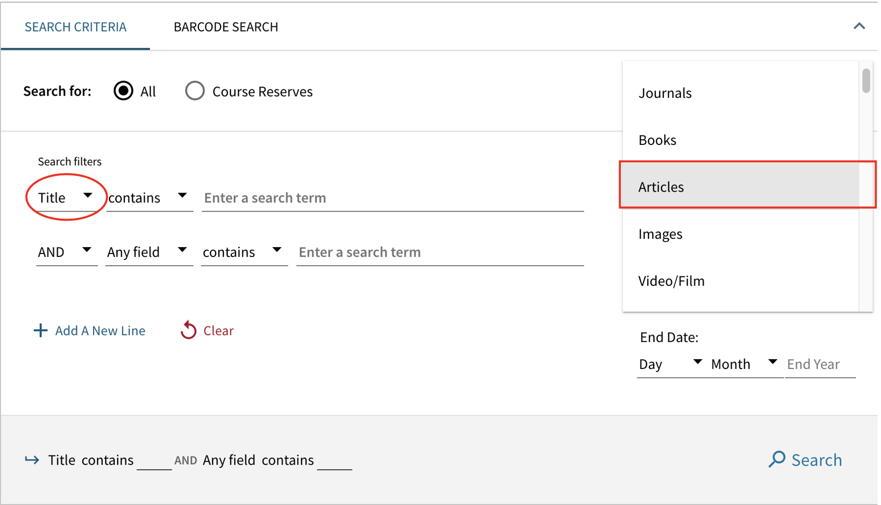 Advanced search limited to articles and title