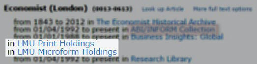 Economist journal search showing LMU Print Holdings and LMU Microform Holdings