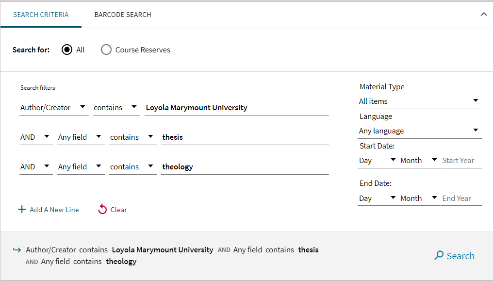 Advanced search box with the author as Loyola Marymount University